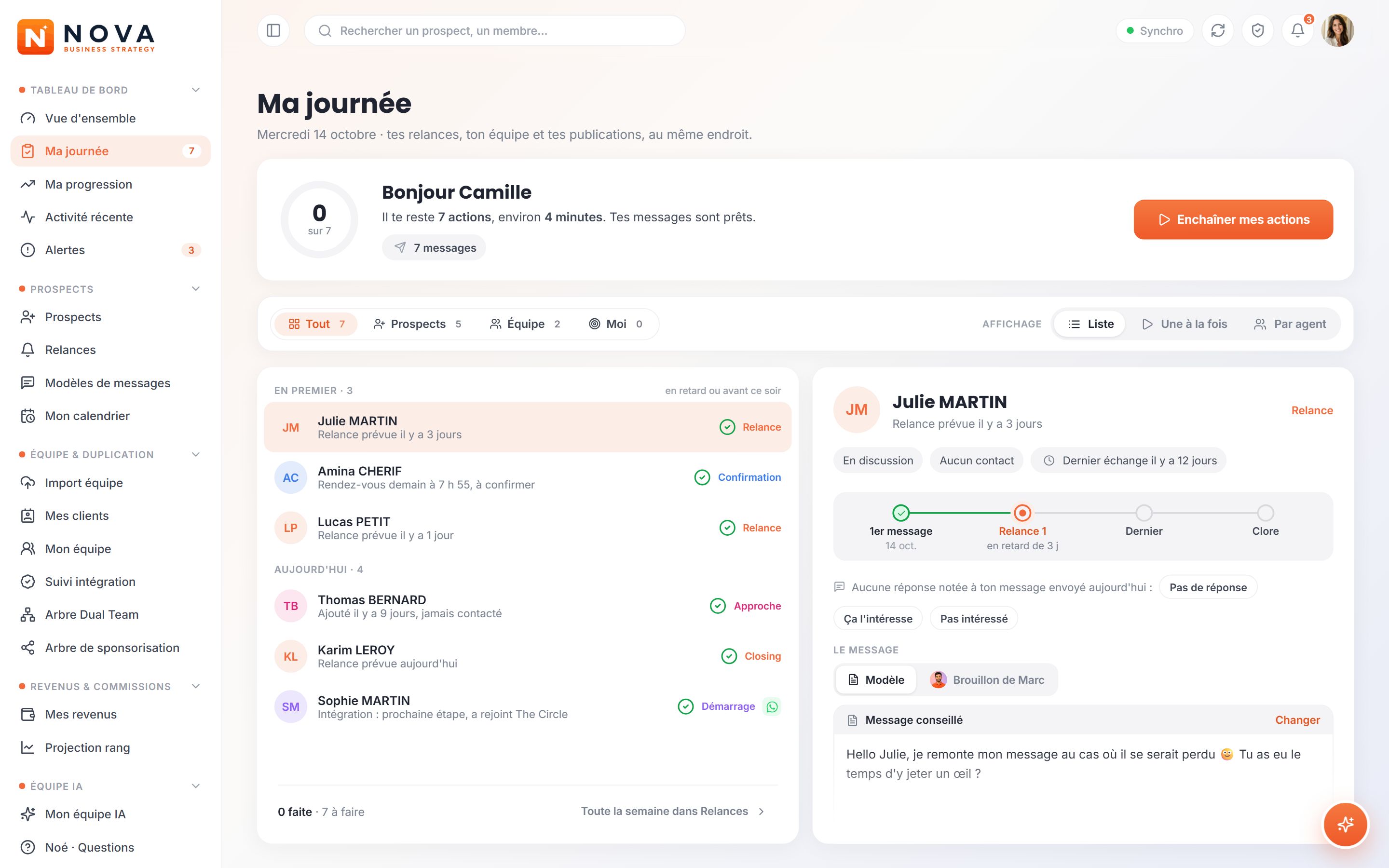 Ma journée dans NOVA : les relances du jour, classées, avec le message prêt