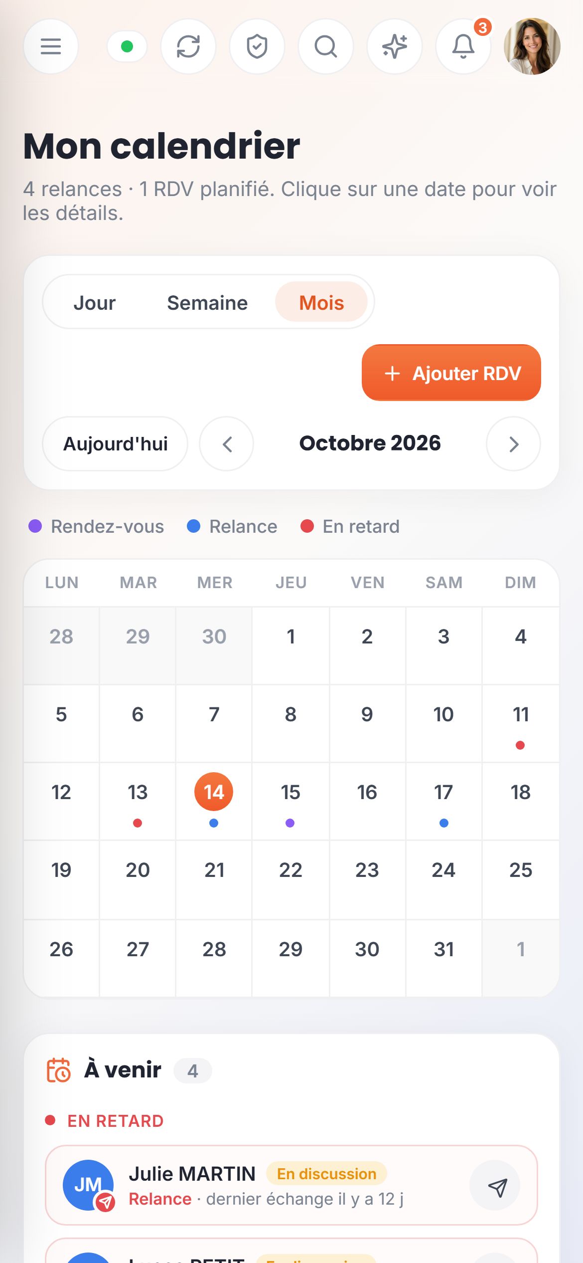 Mon calendrier sur téléphone : le mois, les relances et les rendez-vous