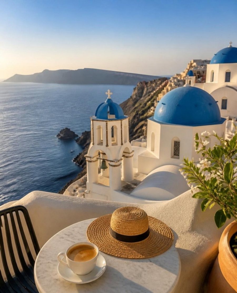 Une terrasse à Santorin face à la mer (image créée par IA)